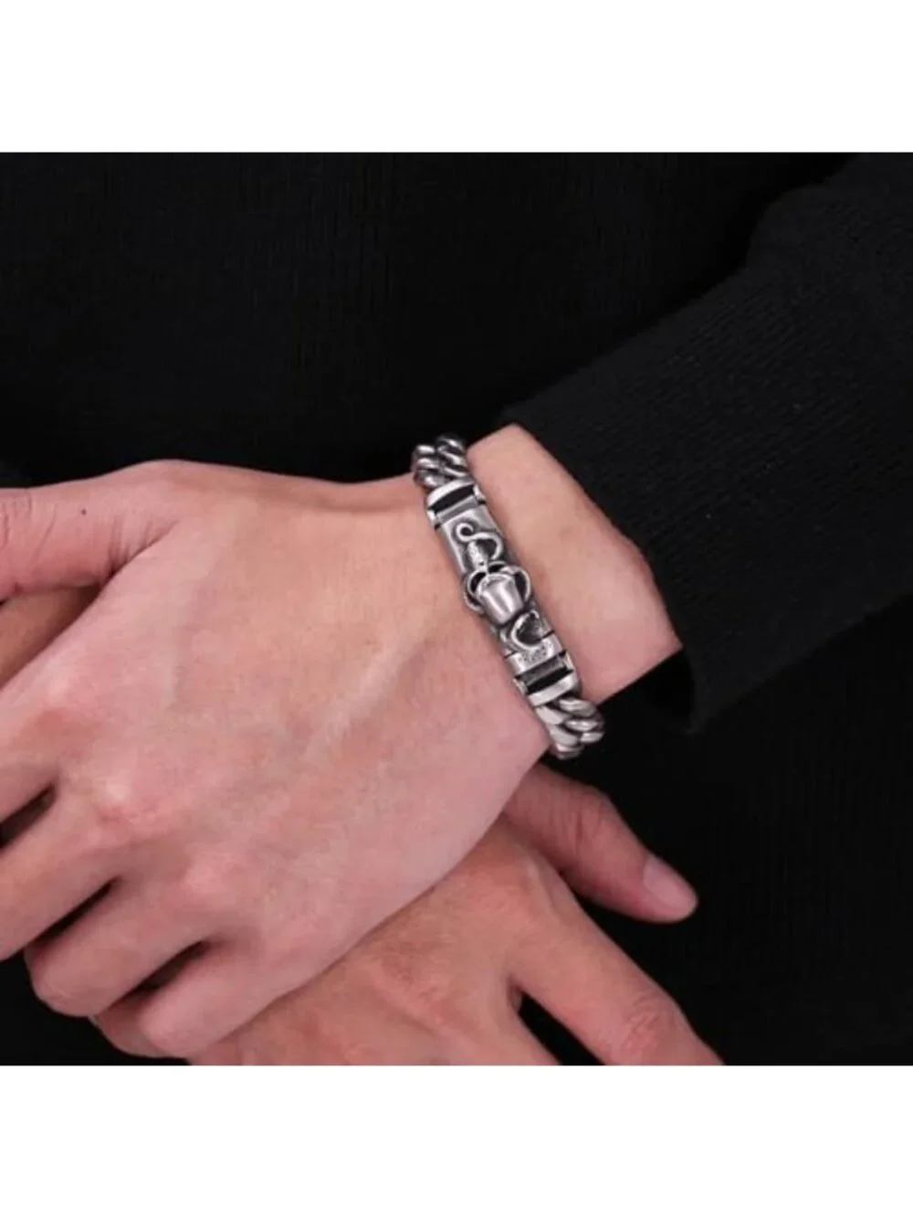 Viking Link Men's Bracelet - Non-Tarnish, Waterproof, Silver & Black Design